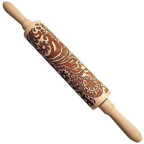 PräGe-Nudelholz Blumenmuster, Nudelholz Mit Muster Holz, Nudelholz Mit Muster Weihnachten, Kinder Nudelholz, Diy KüChenwerkzeug, BackzubehöR, FüR Hausgemachte Oder Weihnachtliche PläTzchen (39cm*5cm)