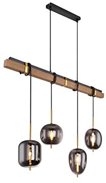 4 flammige LED Rauchglas Pendelleuchte mit Holzbalken, Metall schwarz matt