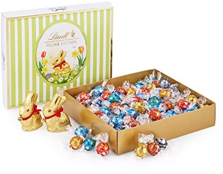 Lindt Schokolade LINDOR Oster Mischpaket |1,2 kg| 2 GOLDHASEN Vollmilch und 8 LINDOR Sorten:Milch, Noisette, Feinherb, Weiß, Dark 60%, Caramel, Salted Caramel, Stracciatella|Osterschokolade|Osterhase