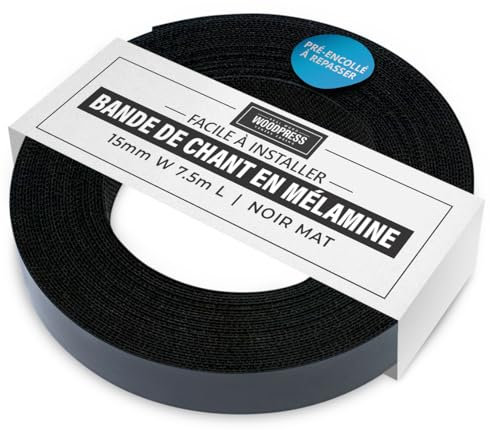 WoodPress® 15 mm Mélamine Noir Mat Bande de Chant en Placage Préencollé – Rouleau de 7,5 m – Application à Repasser facile à faire soi-même, couvre le bord d'un panneau MDF standard