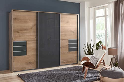 MINDEN Germanica Sliding Door Wardrobes With 6 Built in Drawers ***Choice of 2 Finishes*** Made In Germany(PLANKED OAK & GREY GLASS)