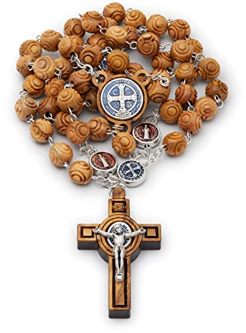 Mondo Cattolico Rosenkranz aus Olivenholz mit Emaille, Medaille des Heiligen Benedikts., Zamak, Olivenholz, Kein Edelstein