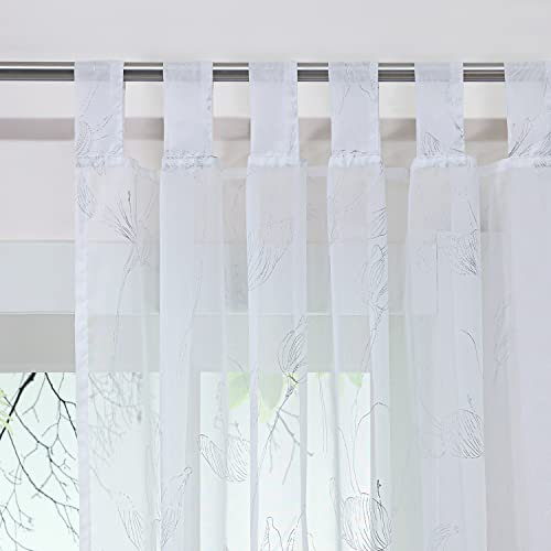 Joyswahl Voile Gardineschal Transparenter mit silberner Lotus-Muster-Druck Vorhang Modern Dekoschal Fenstergardine mit Schlaufen, BxH 140x145cm