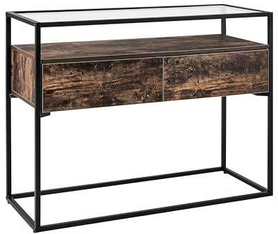 Beliani Table Console Moderne Plateau en Verre Cadre en Métal 2 Tiroirs Bois foncé Mauk