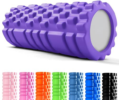 unycos - Faszienrolle (33x14 cm), Fitness-Rolle mit 3D Texturmassage und 50 Übungen E-Book, Hartschaumrolle zur Selbstmassage, Belastbar 130 kg, Massagerolle für Funktionales Training (Violett)
