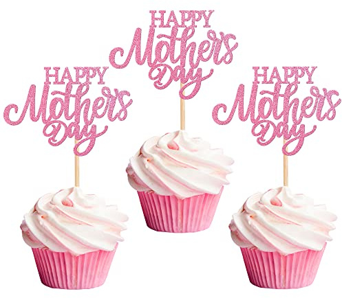 Xsstarmi 24 Pack Happy Mother's Day Cupcake Toppers Pink Glitter Best Mom Ever Love Mother Cupcake Picks for Happy Mother's Day Birthday Party Cake Decortions Supplies