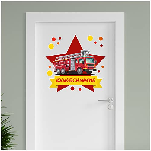 Finest Folia personalisierbarer Türaufkleber Wandtattoo Kinderzimmer für Tür Wand Mädchen Jungen Wandaufkleber mit Wunschname Wunschtext Türschild Aufkleber (03 Feuerwehrauto)