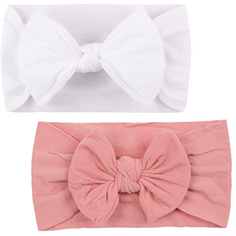 2 Serre-tête pour bébé, Serre-tête en nylon pour bébé fille, Serre-tête avec nœud pour bébé, Serre-tête avec nœud souple élastique pour nouveau-né, bambin (rose et blanc)