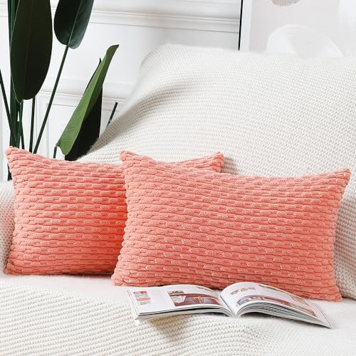 Madizz 2er Set Boho Gestreifte Kissenbezüge Weicher Kord Dekorativer Kissenbezug für Schlafzimmer Sofa Kissenhülle Koralle 40 x 60 cm
