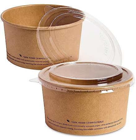 DISPOSABLE GREEN - NEXTGEN Kraft Paper Bowls, Food/Salad Bowl with RPET Clear Lid, Leakproof-&-Oil-Proof Soup Containers, Ice Cream Tubs, Repulpable & Disposable Bowls, 32oz/1000ml, 50 Pieces