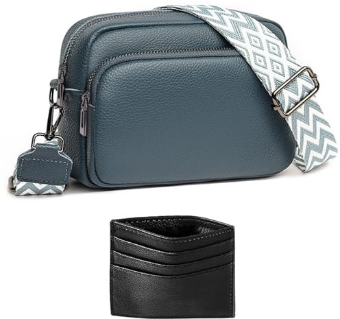 ANYWN Crossbody Bag Damen Breiter Gurt Echtleder, kleine Handtasche Damen Umhängetasche, Umhängetasche damen breiter gurt, Handytasche Zum Umhängen Frauen mit Abnehmbar Schultergurt Blau