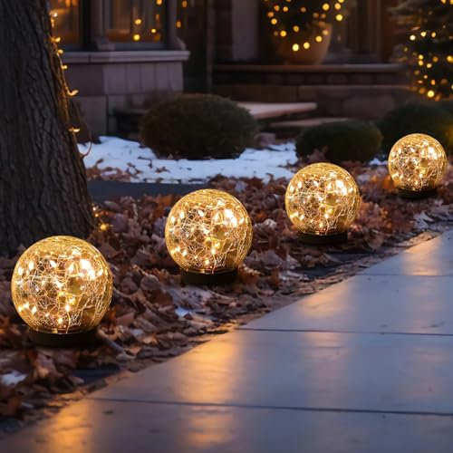 MLKNK Lot de 4 globes solaires étanches pour extérieur - Boules solaires de jardin - Orbes de verre craquelé pour décoration de pelouse, terrasse, cour