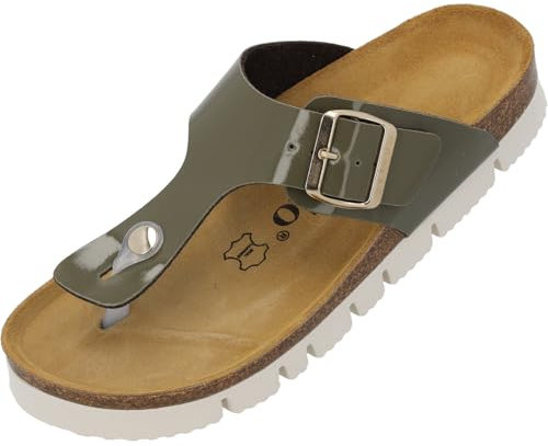 Palado Zehentrenner Damen Kos PL Lack – gefertigt in Spanien – Plateau-EVA-Sohle – glänzende Lackoptik – angenehmes Weichfußbett – Veloursleder-Decksohle Khaki UK8 - EU41