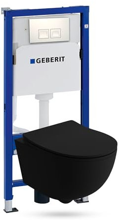 Lavita Duofix Basic Vorwandelement + Wand Tiefspül WC Brava Schwarz Spülrandlos + WC Sitz mit Absenkautomatik + Bedienplatte Delta 25 Weißer Knopf Komplettset Unterputz Spülkasten Toilette WC