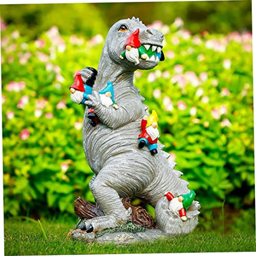 Dinosaur Eating Gnomes Statues, 25cm/9.8inch Resin Garden Gnomes Outdoor Decor, Funny Landscape Dinosaur Figurine Ornament for Patio, Lawn, Yard Decorations