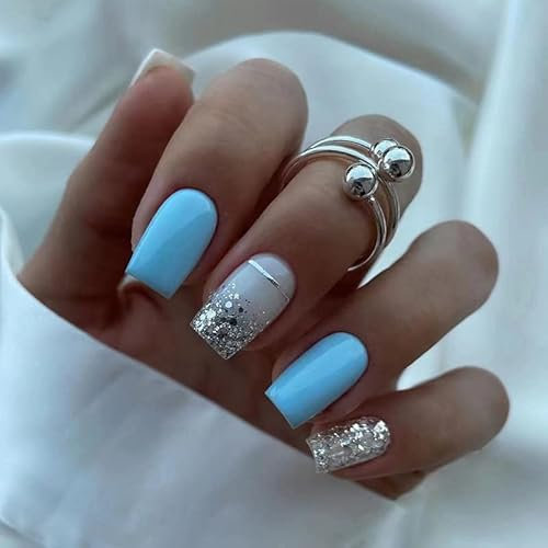24pcs Short Square False Nails Glitter Silver Press on Nails Blue White Fake Nails Glue on Nails Removable Stick on Nails Fake Nails Women Girls Nail Art Accessories