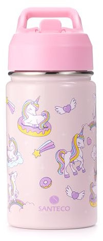 SANTECO Trinkflasche Kinder Edelstahl 380ml mit Strohhalm, Kinder Thermosflasche BPA-frei Wasserflasche Einfach zu Säubern, Thermoskanne Jungen Mädchen für Kindergarten Schule - Einhorn