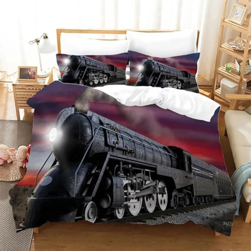 Bettwäsche-Set mit Zugmotiv, für Kinder, Bettbezug, Bettset, weicher Bettbezug mit Kissenbezug, Einzel-, Queen-Size- und King-Size-Bett, Auto-Bettset, 200 x 200 cm + 80 x 80 cm x 2