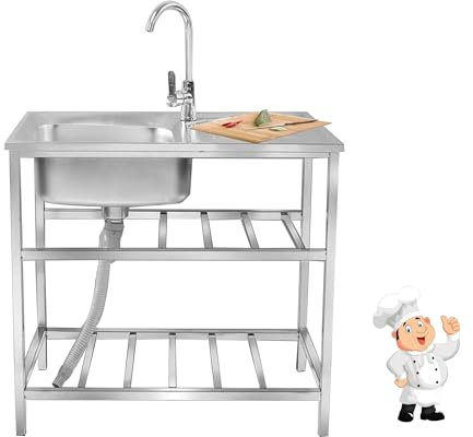 Fregadero Cocina Exterior Jardin Fregadero Portatil Camping Mueble Fregadero Acero Inoxidable Fregadero Multifuncional con Grifo Y Accesorios para Garaje Cantina Restaurante(Double layers)