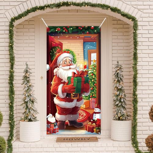 MEHOFOND 2.95x6ft Christmas Door Cover Decoration Santa Claus Christmas Gifts Door Hanging Banner Xmas Door Backdrop Banner Photography Photo Booth Props for Home Door Christmas Decorations