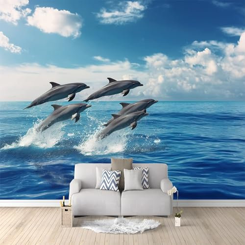 Papier Peint Intissé Paysage Marin Dauphin De Mer Bleu 200x140 cm 3D Panoramique Papier Peint pour Salon Chambre Décoration Murale Pour Adolescents et Enfants Murale