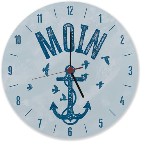 speecheese Moin Anker Wanduhr aus Alu Uhr mit norddeutschem Gruß und Ankermotiv in Blau plattdeutsch als lustige Deko für Hamburger oder norddeutsche