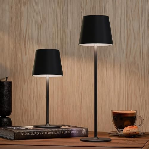 Seyxicnor 2 Pack Cordless Lamp Adjustable Height, 5400mAh Rechargeable Table Light with Full Metal Lampshade Waterproof, 3 Color Dimmable Bedside Touch Lamp for Bedroom Restaurant Outdoor (Black)
