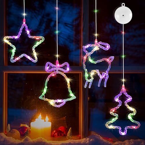DazSpirit 4 pcs Christmas Window Lights with Suction Cups, Hanging Xmas Lights with 8 Modes & Auto Timer, Battery Operated Xmas Decoration for Indoor (4 Pattern, Colorful)