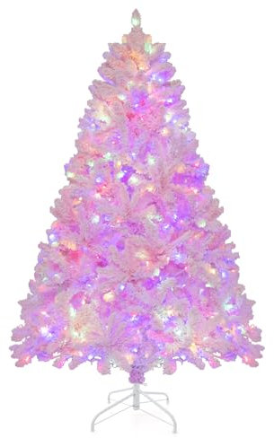 LIFEZEAL Albero di Natale con Luci Incorporate, 185cm, Rosa, Albero di Natale, con 350 Luci a LED, 8 Modalità di Illuminazione, 808 Rami Folti, in PVC, Apri da Solo, Base in Metallo, Christmas Tree