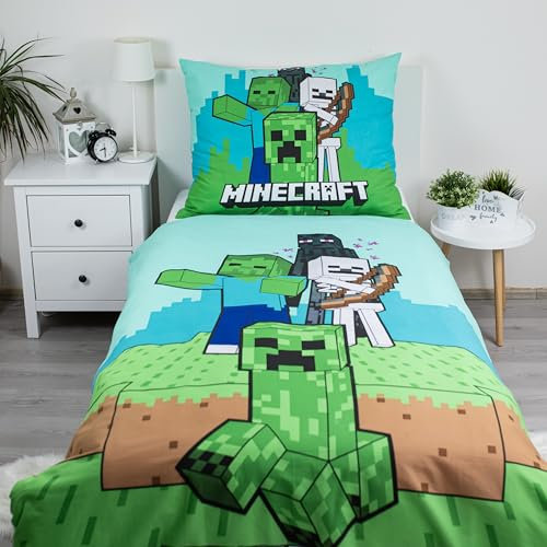 Minecraft Bettwäsche-Set für Einzelbett, 140 x 200 cm mit großem Kissenbezug 70 x 90 cm, Episches Design Mobs Here | Grünes Wende-Bettwäsche-Set, 2-seitig, Bettbezug, offizielles