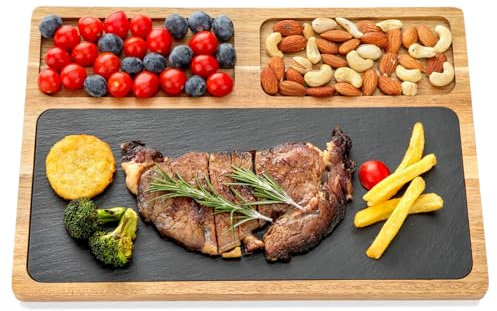 HALE OTEIR Servierplatte Set, Servierbrett aus Akazien-Holz mit Schieferplatte, Käsebrett Set, Steakteller Vorspeisenteller Snackteller mit Fächern
