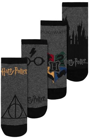 Harry Potter Socken für Herren - Hogwarts Männer Sneaker Strümpfe Grau/Schwarz (4er Pack) (DE/NL/SE/PL, Numerisch, 39, 42, Regular, Regular, Grau/Schwarz)