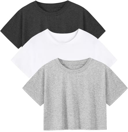 Ullnoy Short Sleeve Women Crop Tops 3 Pack,Quick Dry Black/White/Gray L