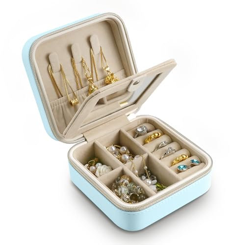 Lammcou Reise Schmuckkästchen, Kleine Tragbare Schmuckschautulle für Unterwegs Schmuckaufbewahrung Organizer von Halskette Ring Armband Schmuck Reiseetui mit Spiegel für Damen jewelery box (Blau)