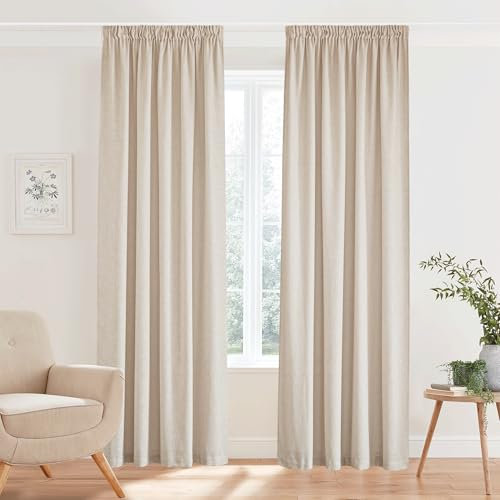 PONY DANCE Vorhang Leinen Natur Gardinen mit Kräuselband für Schiene 2er Set H 280 x B 140 cm Leinenvorhänge Halbtransparent Leinenoptik Gardinen Boho Style Linen Curtains with Rail Hooks