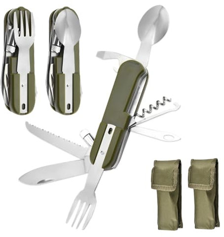 2 Stück Campingbesteck Klappbar Set, 9 in 1 Bundeswehr Besteck Set mit Lampe,Abnehmbarer Edelstahl Klappbesteck Set mit Oxford Tasche, Camping BesteckSet für Camping, Wandern, Picknick und Reisen