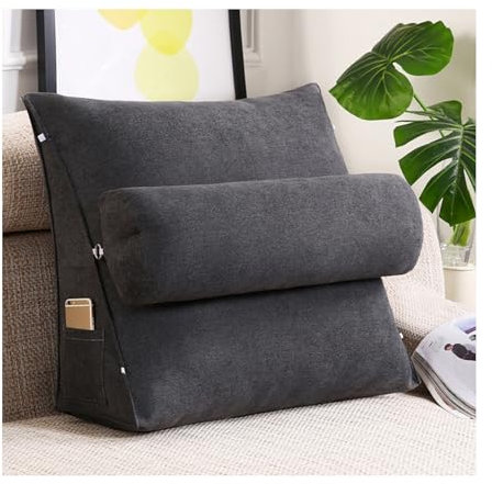Rückenstützkissen mit Nackenkissen, Rückenkissen Lesekissen Keilkissen für Bett Sofa, Rückenlehne Dreieckigen mit Abnehmbarer Nackenrolle und Seitentasche, Bettkissen Rückenlehne für Sofa, Büro(Black