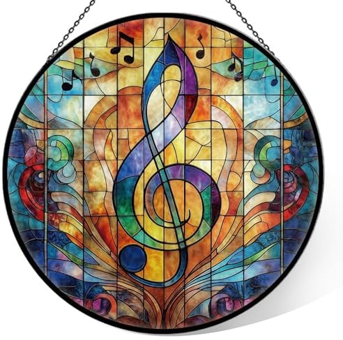 Music Stained Glass Window Hanging, 7.9 Sun Catcher Glass Panel Boho Wall Art Decor with Chain, Hand Painted Round Ornament for Couples