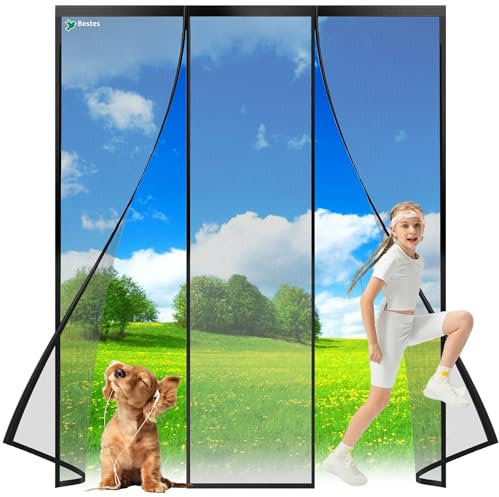 Magnetic Fly Screen Door Nets, 150x200cm Insects Protection Double Door with Powerful Magnets and Full Frame, Nets Patio Curtain Insect Mesh for Keep Insects Out Install,Without Drilling Black