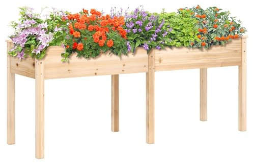 GOPLUS Jardinières Exterieur Surélevé en Bois de Sapin avec Pieds, 184 x 58 x 77 CM, Carre Potager Élevée avec Séparateur, 8 Trous de Drainage, Idéal pour Légumes, Fleurs, pour Patio, Jardin (Naturel)