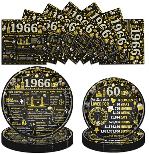 Luvart 60th Birthday Party Paper Plates and Napkins Set, 72PCS Black and Gold 1966 Birthday Decorations for Men Women, 60th Anniversary Party Dessert Tableware Supplies 24 Guests