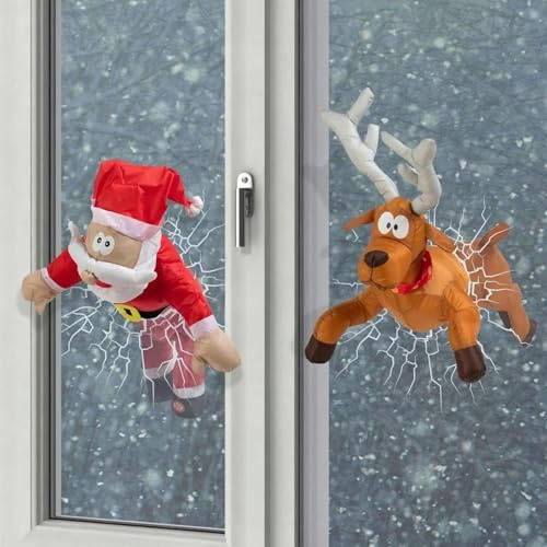 Crashing Santa Rentier Animierte Weihnachten Lustige Weihnachtsdeko Fensterdeko mit Glasscherben Aufkleber und Bein Strampler Animation (Elch Gold)