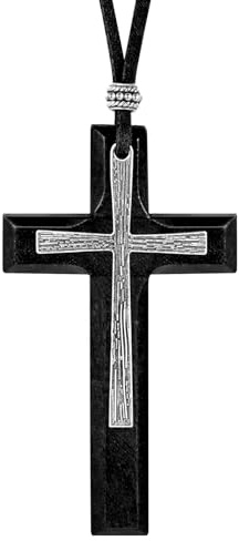 INFINIONLY Holz Kreuz Ketten Halskette mit Baumwollkordel Klassischer Doppelschichtiger Großer Kreuzanhänger für Damen und Herren Fashion Sautoirs