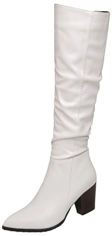 CuteFlats Stivaletti da donna con pieghe | stivali in pizzo, tacco a blocco 7 cm e cerniera laterale, bianco, 49 EU
