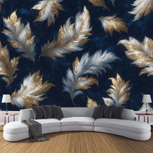 Tapete Kinderzimmer Einfach Feder Fototapete Wohnzimmer, Böhmische Streifen Vliestapete Küche, Wand Deko Tapeten, 150×105cm(W×H) Wandverkleidung Dunkelblau Wandtapete Schlafzimmer