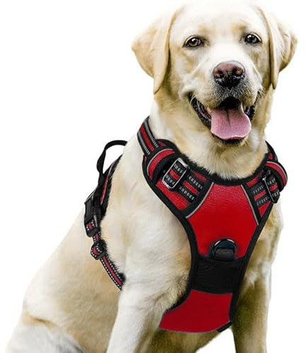 Anti Zieh Geschirr, No Pull Hundegeschirr mit reflektierenden Streifen, verstellbar & gepolstert, atmungsaktiv, Komfortables Brustgeschirr für kleine & große Hunde (ROT,L)