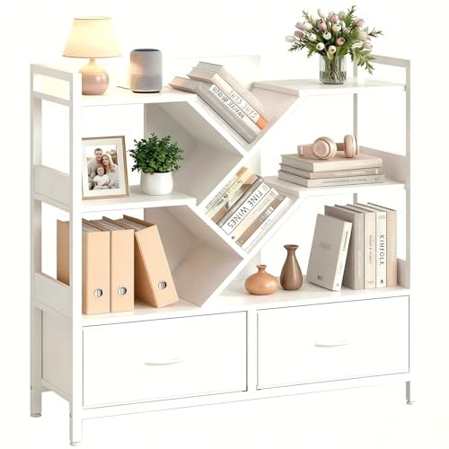 IRONCK White Bookshelf with 2 Drawers & Wheels, Cube Bookcase 100x32x104 cm | Modern Shelving Unit for Living Room Furniture, Bedroom Office Study, Freestanding Storage Cupboard, Display Shelf