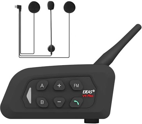 EJEAS V4 Plus Motorcycle Helmet Bluetooth 5.1 Intercom Headset with FM Radio and CVC Noise Reduction for 4 Riders Intercom (1 Pack)