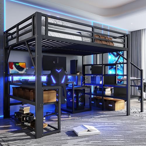 Lubvtti Letto a soppalco in ferro 140 x 200 con luminosa a LED,scrivania,porta USB,vano contenitore,scala con spazio contenitore,letto a castello per bambini,struttura letto per bambini,Nero