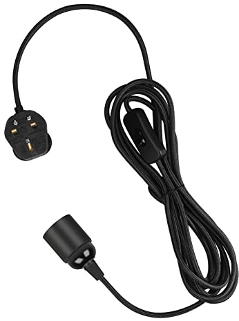 Teynewer Pendant Light Fitting Kit, E27 Lamp Holder with Switch & UK Plug, 2 Core Braided Textile Cable for DIY Hanging Ceiling Lighting Fitting Kit (Black, 3m)